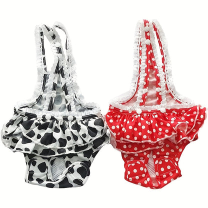 Washable Female Dog Diapers 2-Pack with Suspender - Reusable Doggy Sanitary Panties for Dogs in Heat, Period & Incontinence, Cute Polka Dot & Cow Print, S to 4XL for Small to Large Dogs