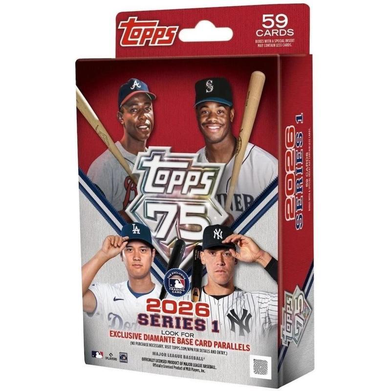 2026 Topps Series 1 Baseball MLB Hanger Box – 59 Cards with Diamante Foil Parallels, Autograph Relics & 6 Toploaders – Trading Card Gift for Collectors