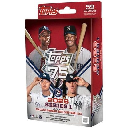 2026 Topps Series 1 Baseball MLB Hanger Box – 59 Cards with Diamante Foil Parallels, Autograph Relics & 6 Toploaders – Trading Card Gift for Collectors