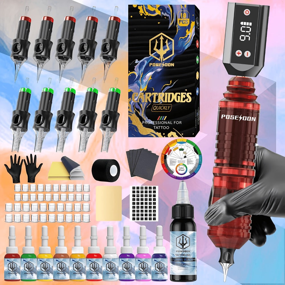 Wireless Tattoo Pen Kit Cordless Tattoo Gun with Power Supply 10 Cartridge Needles 6 Color Inks LCD Screen – Complete Rotary Tattoo Machine Set for Beginners & Professional Artists Home Studio