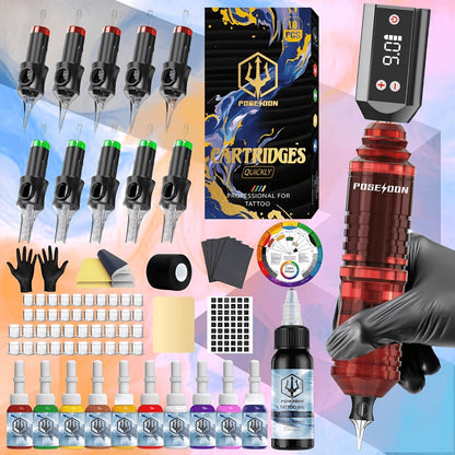 Wireless Tattoo Pen Kit Cordless Tattoo Gun with Power Supply 10 Cartridge Needles 6 Color Inks LCD Screen – Complete Rotary Tattoo Machine Set for Beginners & Professional Artists Home Studio