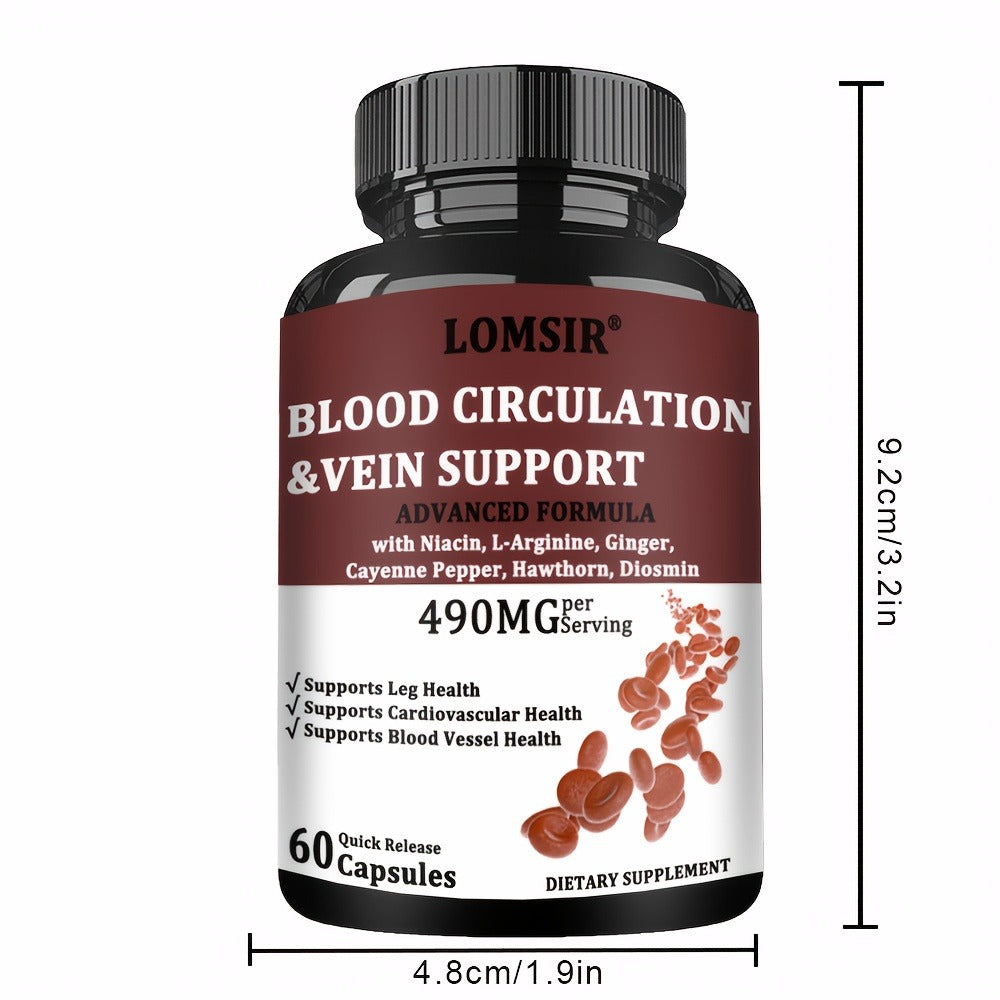 Blood Circulation Supplement Capsules with Niacin, L-Arginine, Hawthorn & Diosmin – Leg Vein, Heart & Cardiovascular Health Support | Cayenne Pepper, Ginger & Nitric Oxide Blood Flow Pills | 60 Capsules