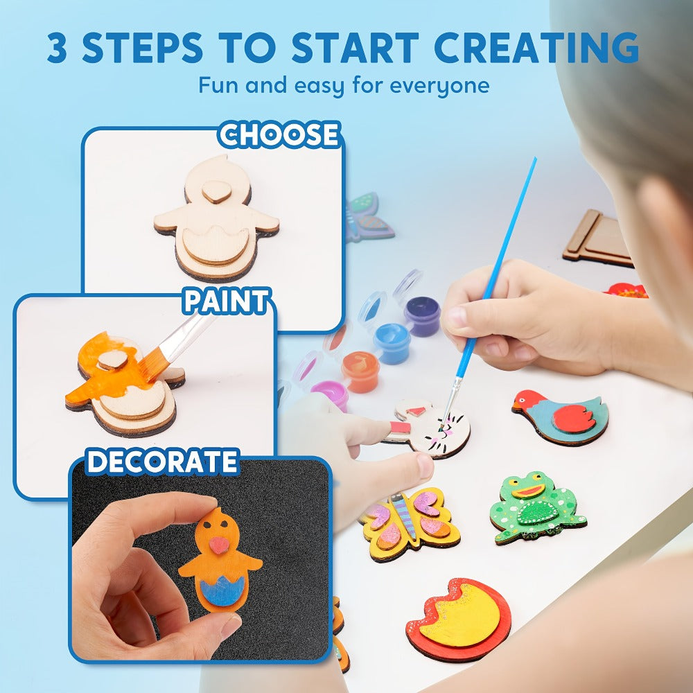 DIY Wooden Magnet Painting Kit for Kids – 12pcs Arts and Crafts Set with Paint Palette Brush Glitter Glue, Creative Activity Birthday Party Favor Gift Boys Girls Ages 3+