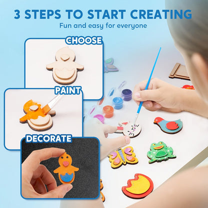 DIY Wooden Magnet Painting Kit for Kids – 12pcs Arts and Crafts Set with Paint Palette Brush Glitter Glue, Creative Activity Birthday Party Favor Gift Boys Girls Ages 3+