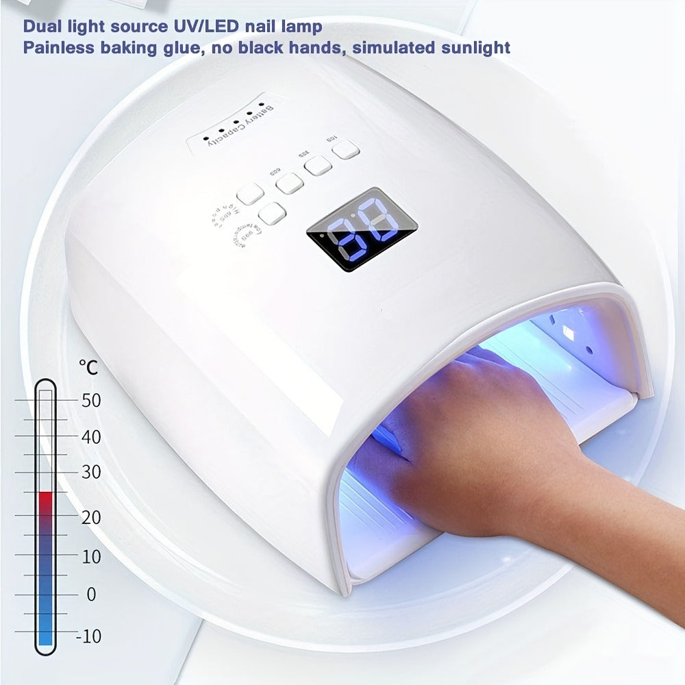 UV LED Nail Lamp 33 LEDs 4 Timer Settings Rechargeable Gel Nail Dryer All Gel Polish Full Hand Curing Low Heat Mode Home Salon Manicure Pedicure Tool Pink Blue White
