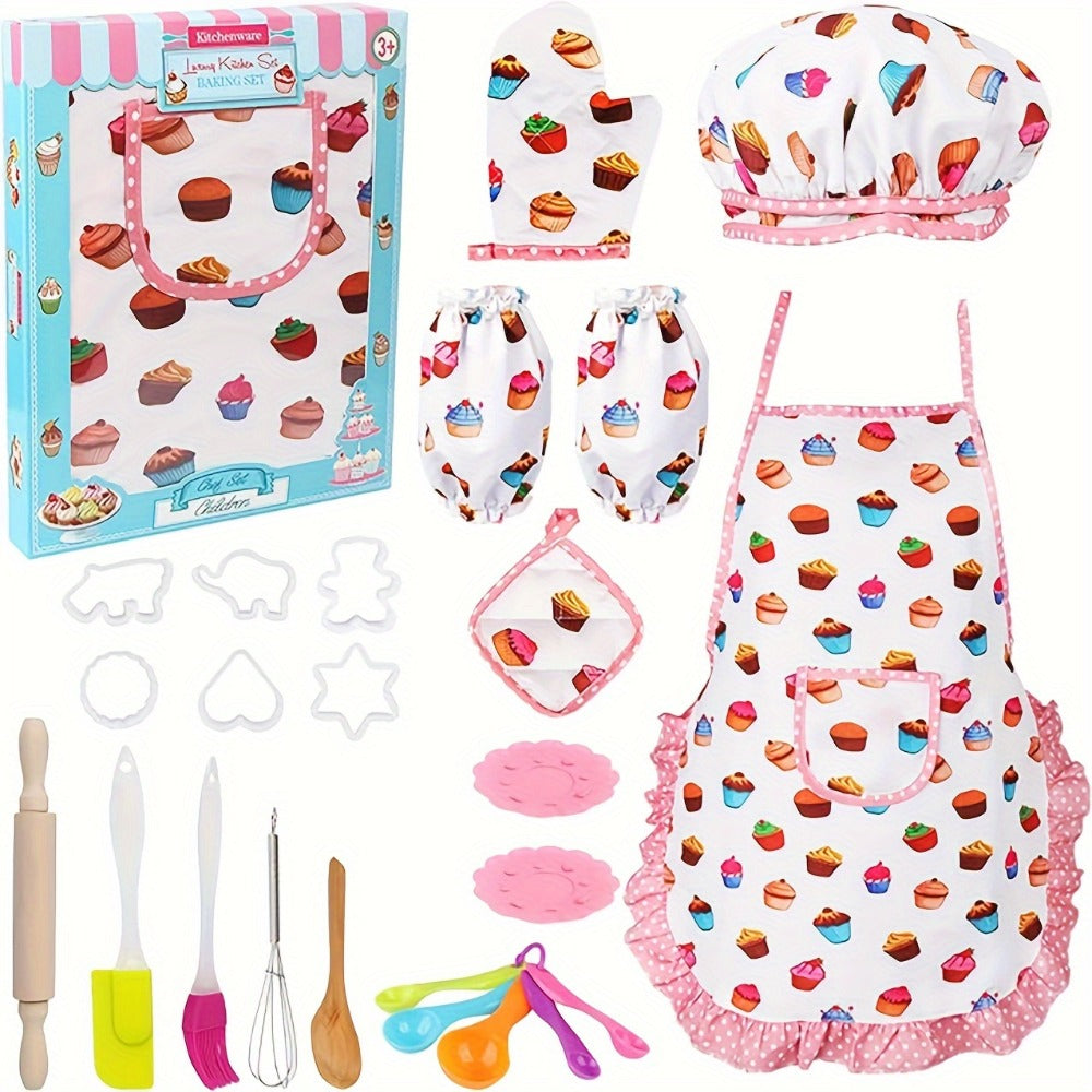 Kids Cooking & Baking Set 24 PCS – Chef Hat & Apron Dress-Up Costume with Baking Accessories for Girls Boys Ages 3-10 | Pretend Play Kitchen Toy | Best Birthday Christmas Gift