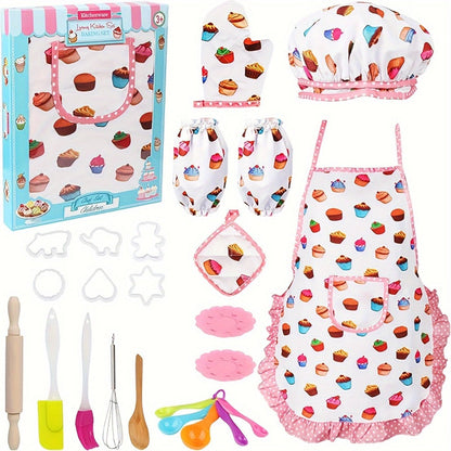 Kids Cooking & Baking Set 24 PCS – Chef Hat & Apron Dress-Up Costume with Baking Accessories for Girls Boys Ages 3-10 | Pretend Play Kitchen Toy | Best Birthday Christmas Gift