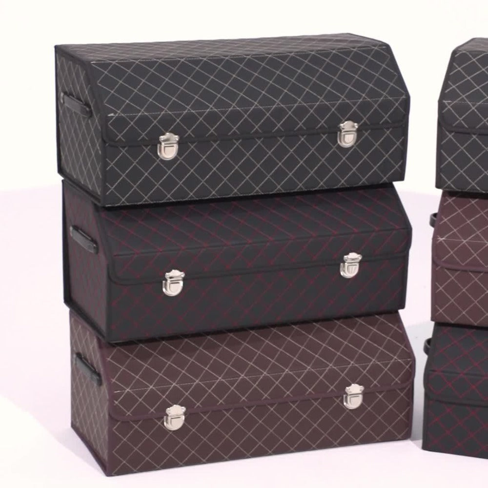 PU Leather Foldable Car Trunk Organizer Box with Lid – Collapsible Cargo Storage Bin for SUV & Sedan, Tool & Accessory Container, 15" & 28" Sizes, Coffee, Black Silver & Black Red