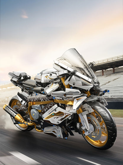Motorcycle Building Blocks Model Kit 1:5 Scale 2000+ Pieces – Platinum Gold & White Collectible Brick Motorbike Display Set, Unique Gift for Men Adults Collectors Birthday Christmas (Premium Edition)