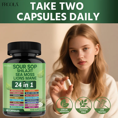 Sea Moss Capsules 24-in-1 Superfood Blend 2238mg with Soursop Shilajit Lion's Mane Graviola — Gut Health Immunity Brain Energy Antioxidant Support Supplement for Men Women 60 & 120 Count