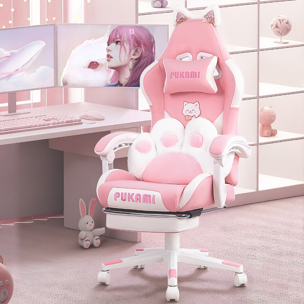 Gaming Chair, Cat Ear with Cat Paw Cushion Pillow & Footrest - Kawaii Cute Computer Chair shown in the main product view