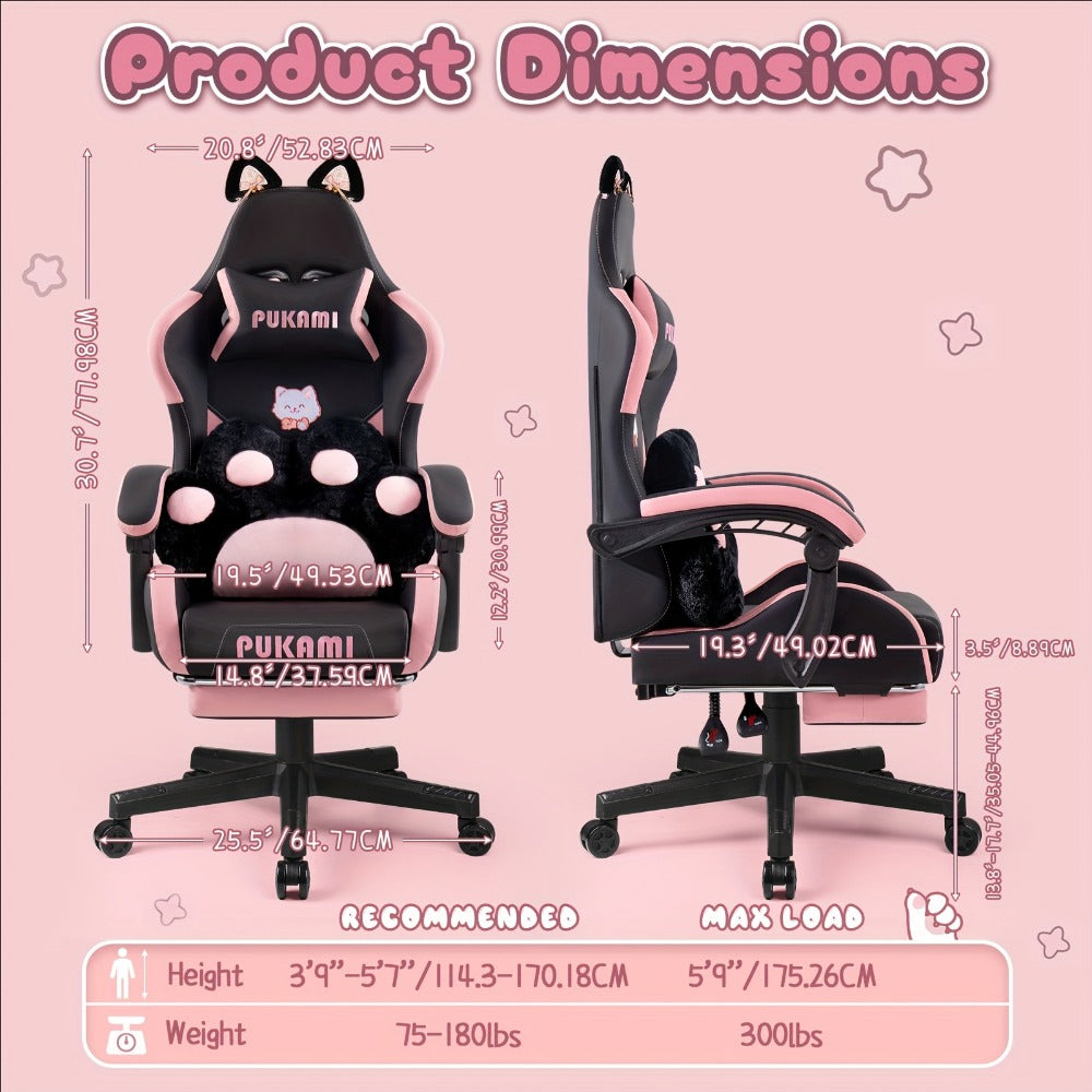 Cat Ear Reclining Gaming Chair with Footrest and Lumbar Support and High Back detail image
