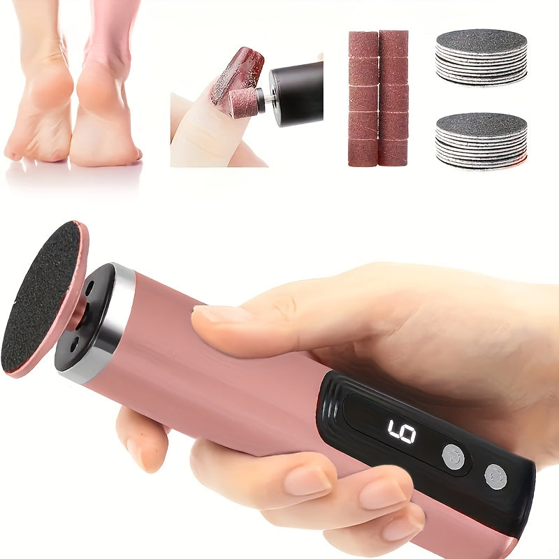 Rechargeable Electric Foot File & Callus Remover 2-in-1 with 2 Sanding Heads & 10 Replacement Sandpaper Pads Adjustable Speed USB Portable Pedicure Tool for Dry Dead Skin Cracked Heels Women Pink