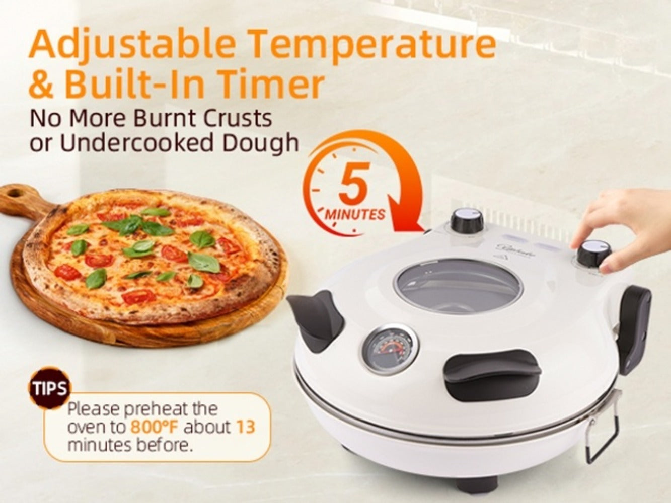 Indoor Pizza Oven Countertop – 12-Inch Electric Pizza Maker Machine for Home Kitchen, Heats Up to 800°F, Fast Baking Grill Oven with Even Heat Distribution, White