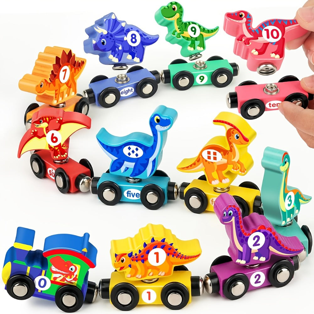 Magnetic Dinosaur Number Train Set for Kids Ages 3-5 – 11PCS Wooden Magnetic Train Toy with Engine & Numbered Cars, STEM Educational Learning Toy, Birthday Christmas Gift for Toddler Boys
