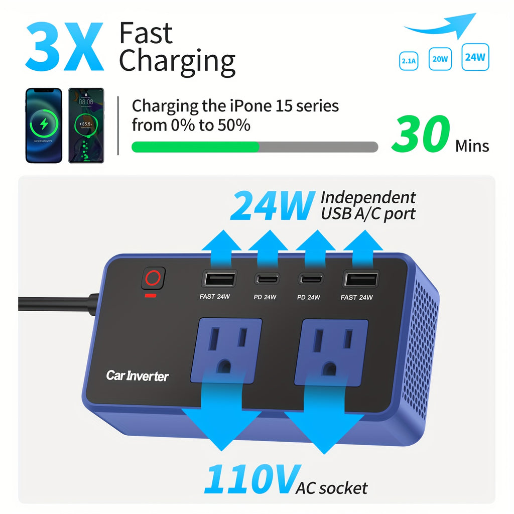 Power Inverter for Vehicles Car Accessories, USB Charger DC 12V to 110V Converter 200W Inverter Car Charger Adapter Outlet with USB Ports 4.8A 24W USB-C USB-A, Car Plug Adapter for Laptop Travel Camping Road Essentials Power Converter