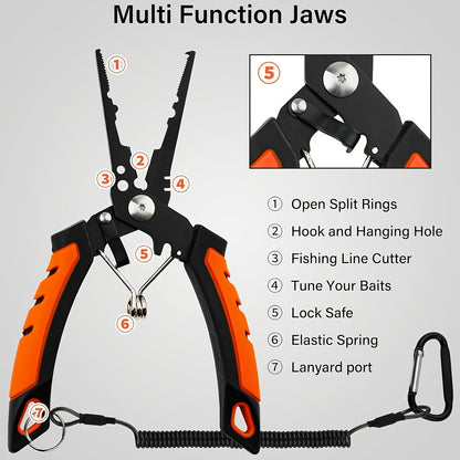 Fishing Tool Kit 6-Piece Corrosion Resistant Pliers Fillet Knife Fish Lip Gripper Braid Scissors Tool Retractor with Lanyard Fishing Gifts for Men