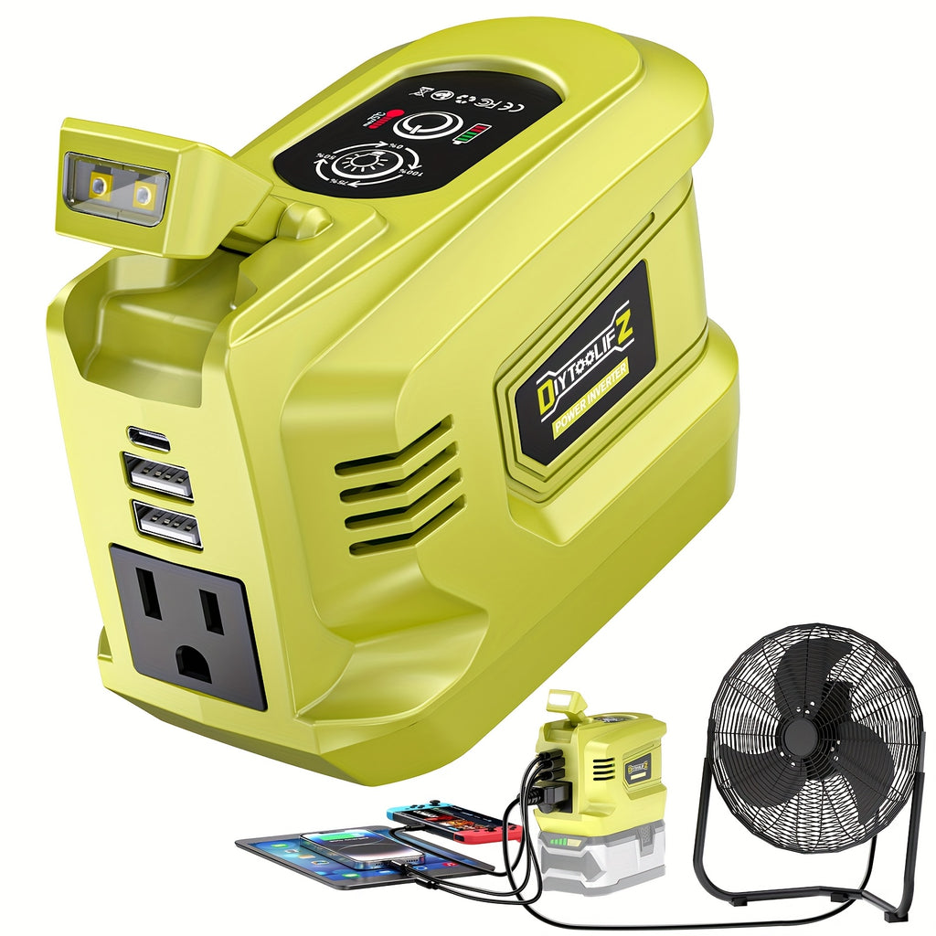 Diytoolifz Power Inverter Compatible with Ryobi 18V Battery, 200W Portable Power Supply Inverter Convert DC 18V to AC 110V-120V Battery Power Station with 2 USB And AC Battery Powered Outlet (Without Battery)