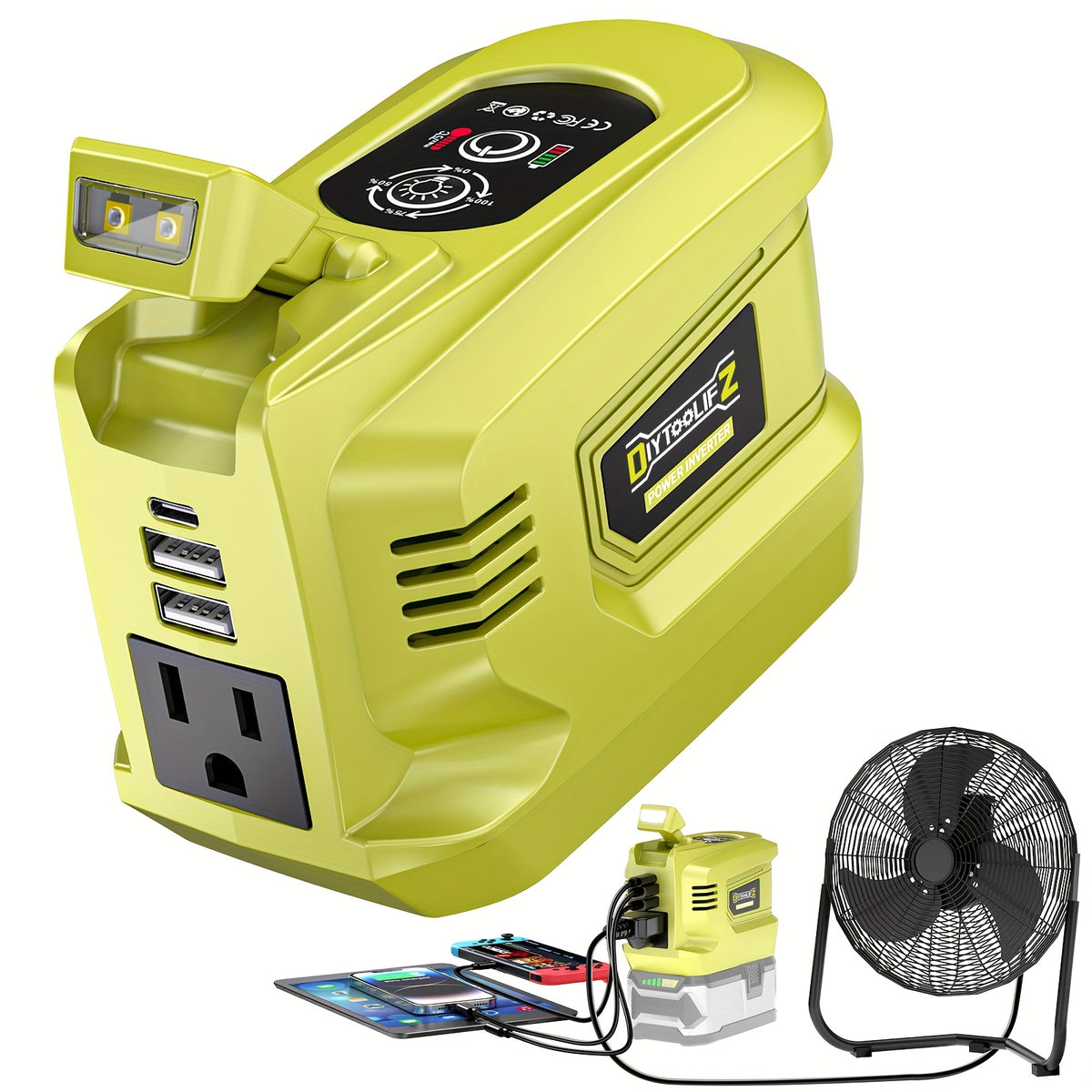 Diytoolifz Power Inverter Compatible with Ryobi 18V Battery, 200W Portable Power Supply Inverter Convert DC 18V to AC 110V-120V Battery Power Station with 2 USB And AC Battery Powered Outlet (Without Battery)
