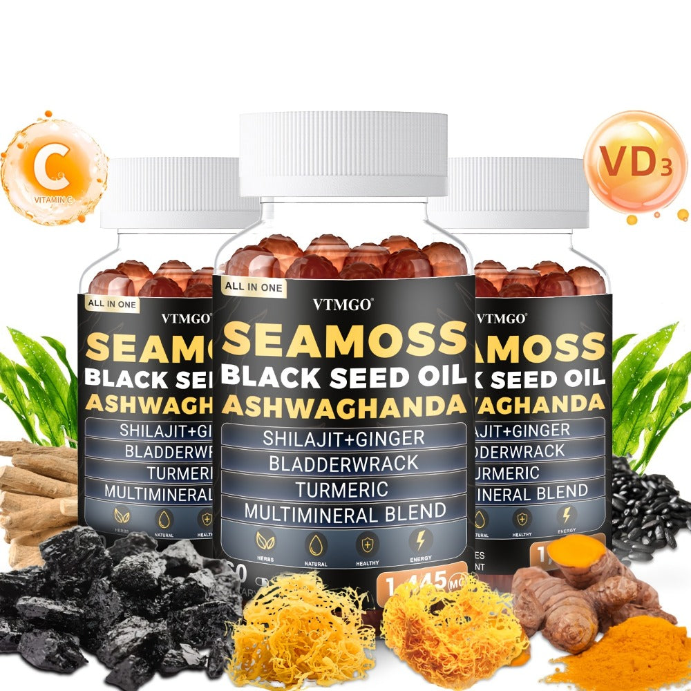 Sea Moss Gummies 1445mg with Shilajit Black Seed Oil Ashwagandha Elderberry Chlorophyll Turmeric Bladderwrack Ginger — 8-in-1 Antioxidant Superfood Supplement for Immunity Energy Gut Health & Wellness 60 Count