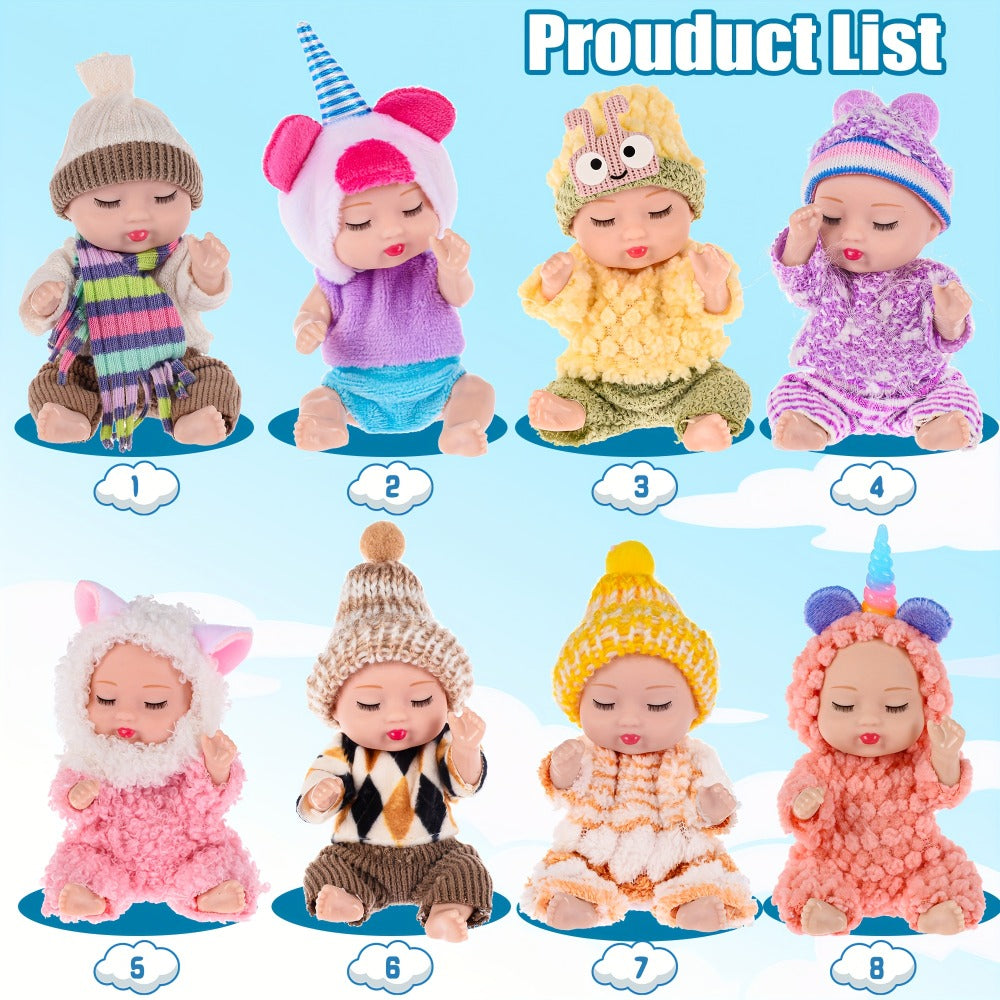 Mini Baby Dolls 8 Pack 4 Inch Animal Theme Outfits BPA-Free Non-Toxic ASTM Certified Miniature Doll Set Party Favor Stocking Stuffer Gift for Girls Ages 3-12 Birthday Christmas