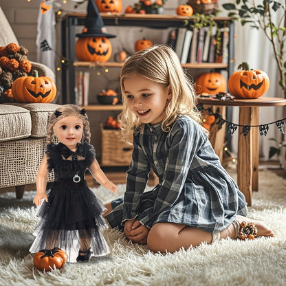 18 Inch Doll Halloween Costume Black Tulle Cake Dress with Black Bow Hair Clip – Movie Inspired Spooky Party Outfit for 16-18 Inch Dolls No Doll Included Creative Gift for Kids Ages 3+ Birthday Halloween