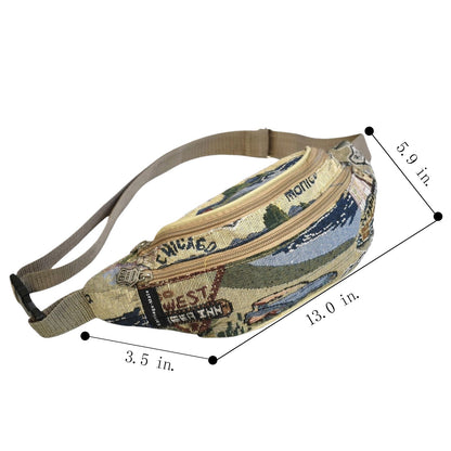 Tapestry Waist Bag Route 66 Vintage – Retro Fanny Pack Canvas Adjustable Strap for Travel Festivals Hiking
