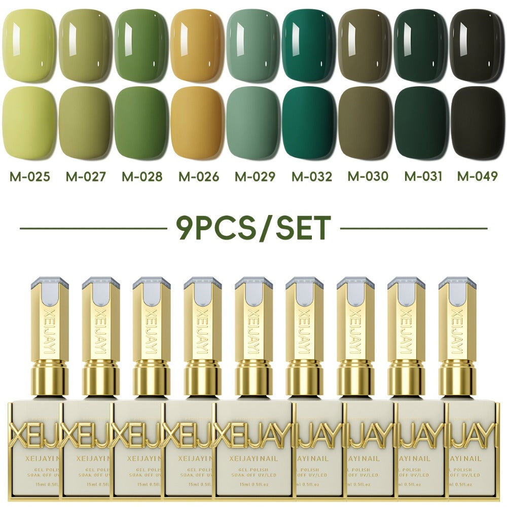 Green Forest Gel Nail Polish Set 9 Colors Photo Frame Bottle — Semi-Permanent UV LED Soak Off 0.51oz High Pigmentation Mint Sage Olive Emerald Long Lasting DIY Home Salon Nail Art Gift Women