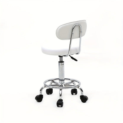 PU Leather Salon Stool with Back & 360° Swivel – Adjustable Height 18.9"-22.8" Round Cushion Chrome Base White Salon Chair for Nail Tech, Esthetician & Beauty Studio