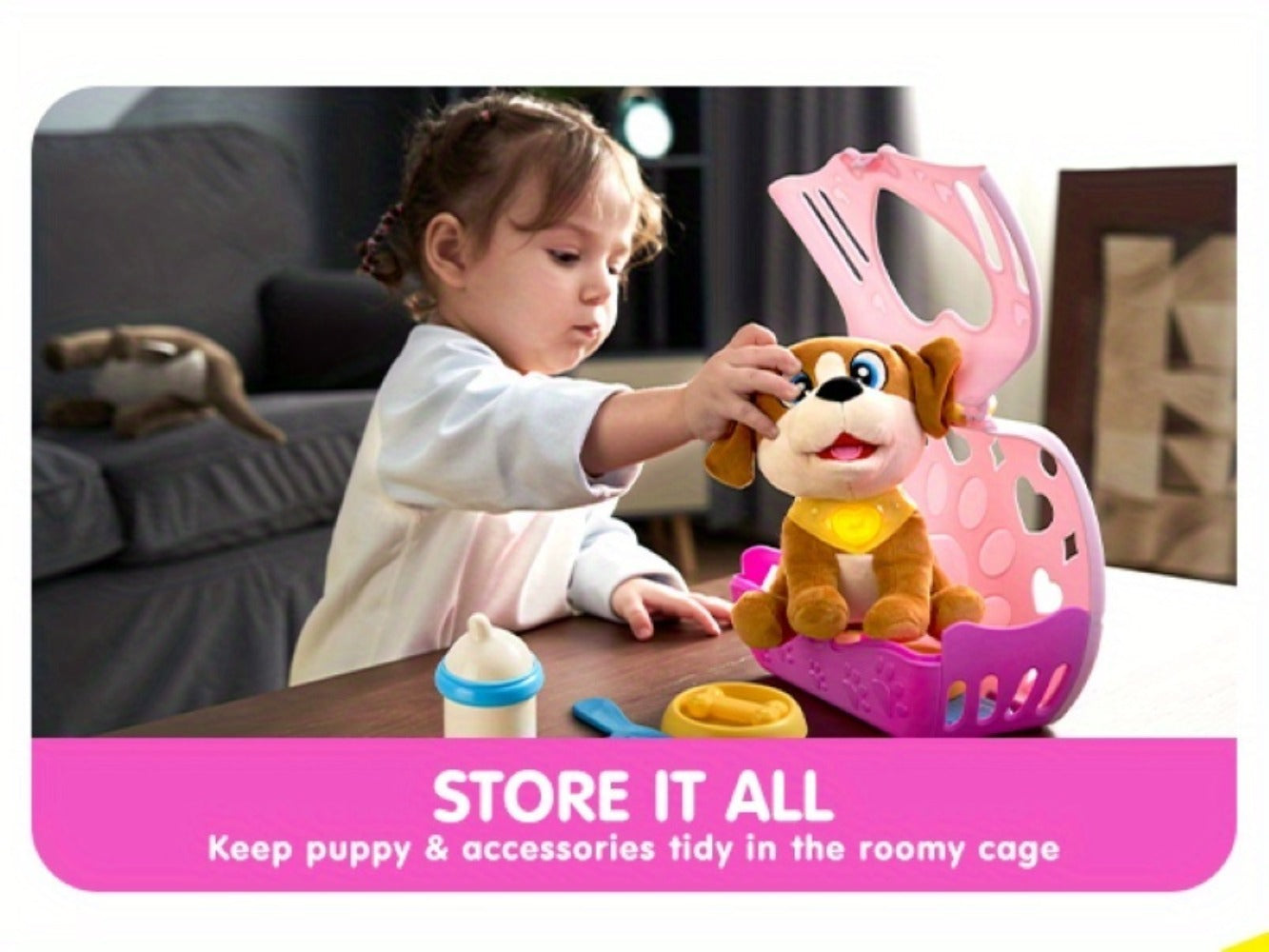 Interactive Plush Dog Toy for Toddlers with Carrier Set Music Lights Sounds Soft Breathing Glow Puppy Pet Toy with Accessories Birthday Gift for Girls 18 Months 2 3 Year Old