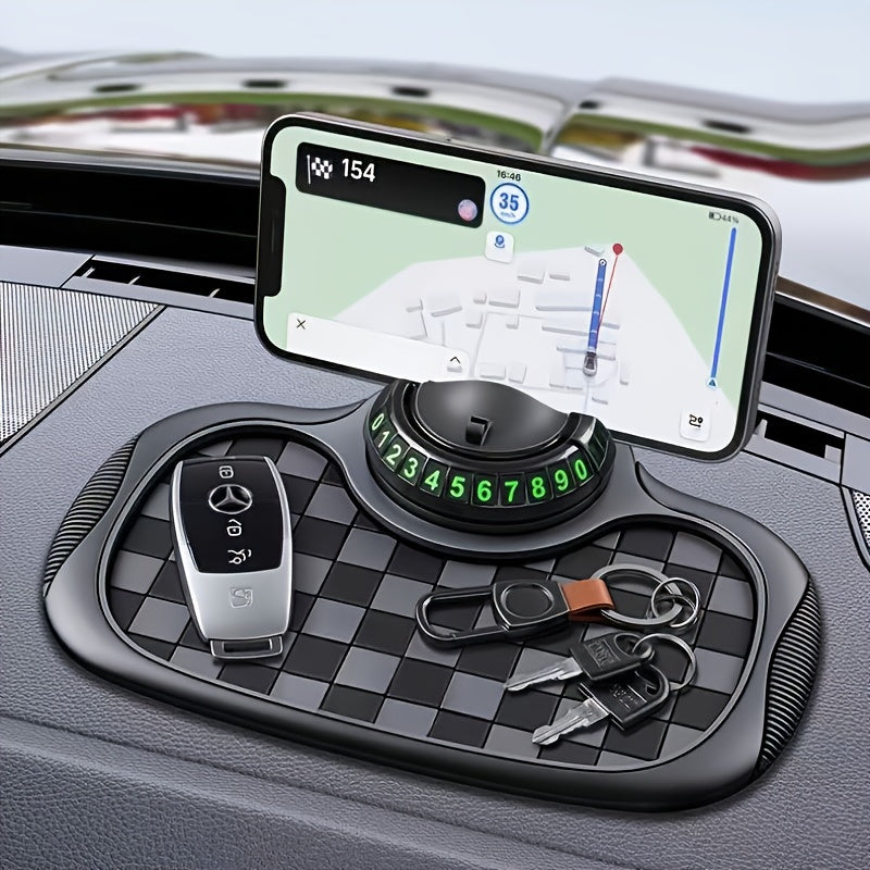 Multifunctional Non-slip Car Dashboard Cushion With Rotating Mobile Phone Holder, Large-capacity Glasses And Key Storage, Heat-resistant Silicone, Lattice Design, Suitable For All Vehicles, Car Mobile Phone Holder, Modern Dashboard Accessories