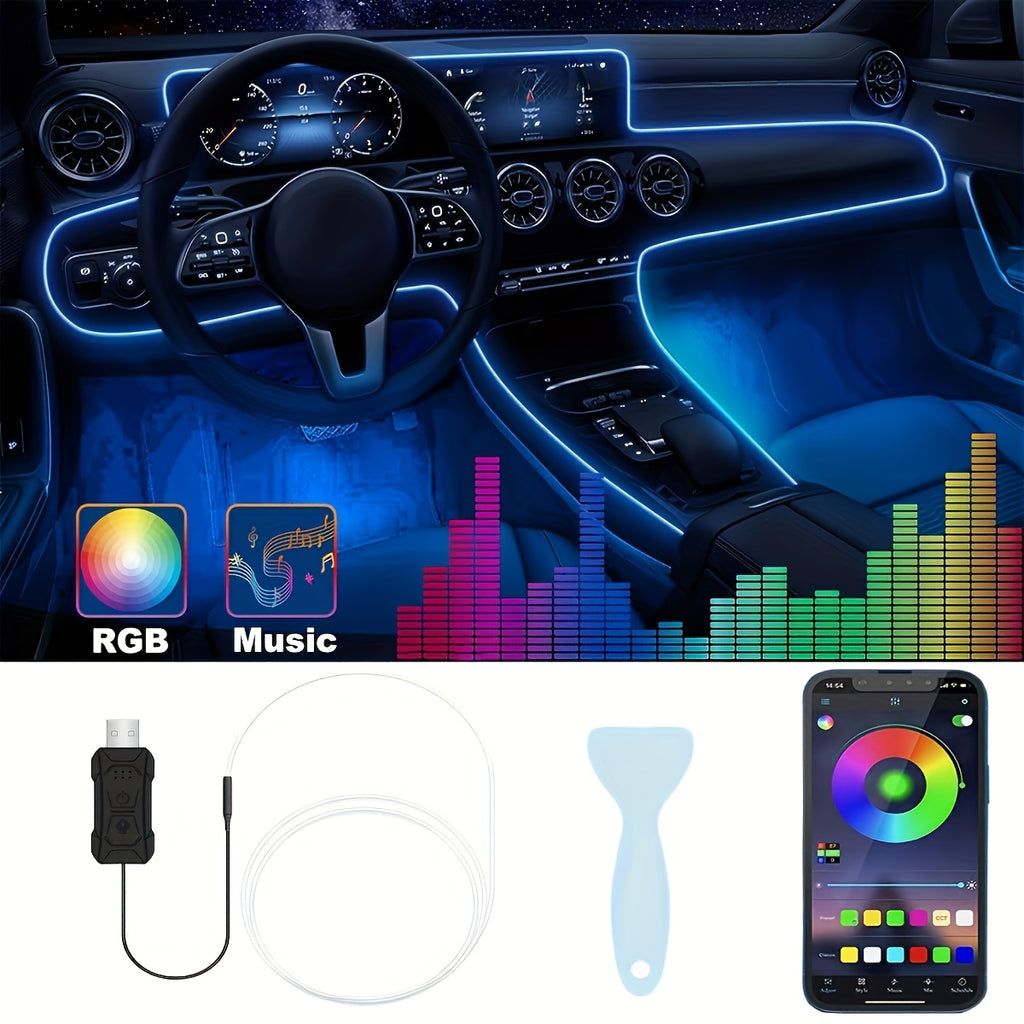 118" RGB LED Car Interior Lighting Kit - USB Powered, App-Controlled with Music Sync & Fiber Optics for Dashboard And Doors, Without Battery