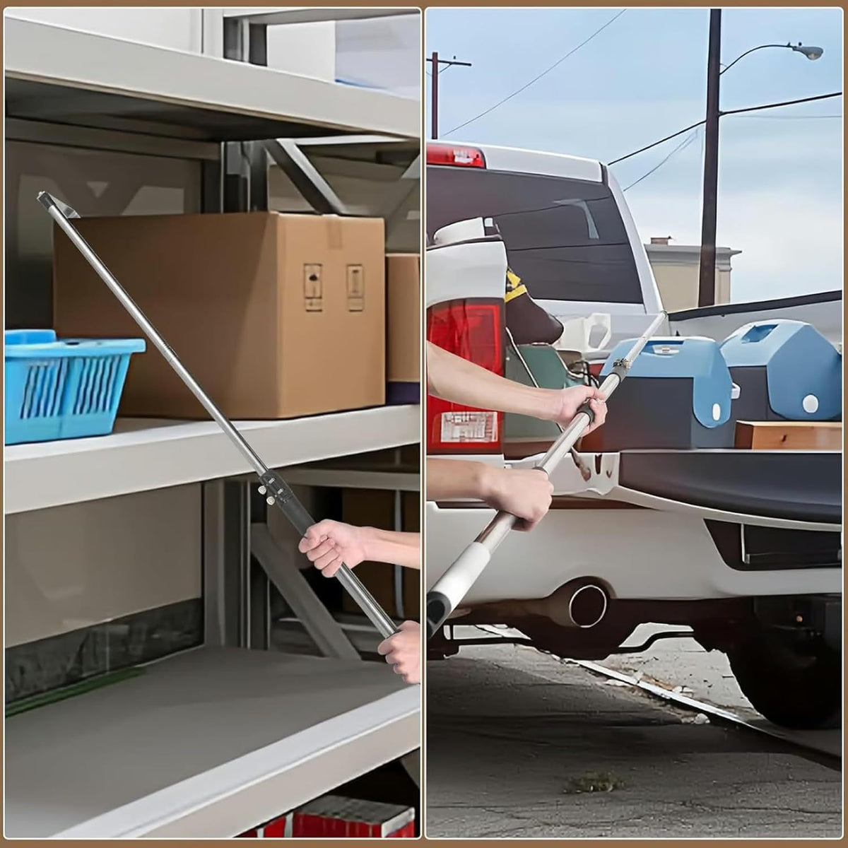 A Robust Stainless Steel Telescopic Grabber for Truck Beds, Featuring a Retractable Handle. This Heavy-Duty Tool Is Designed for Cargo Retrieval, Making It for easy to Lift And Move Heavy Items. It Serves As a Practical Accessory for Trucks with a D