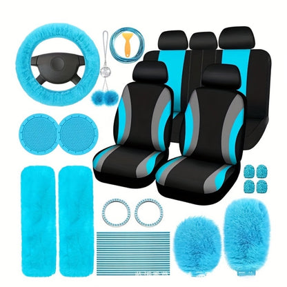 Car Interior Accessories Set for Women 45-Piece – Plush Steering Wheel Cover, Seat Cushion & Pendant, Universal Fit All Seasons, Available in Red, Black, Blue, Pink, Purple & More