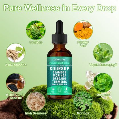 Soursop Bitters Liquid Drops 10-in-1 with Sea Moss Moringa Turmeric Black Seed Oil Oregano Ashwagandha - Natural Herbal Supplement for Immune Support Detox & Wellness 140g