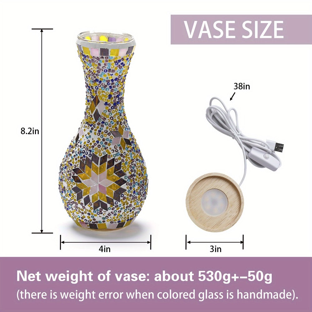 Mosaic Vase Lamp Turkish Moroccan Handmade Colorful Glass Table Lamp with Wooden Base – USB Plug-In Boho Night Light, Flower Vase Lamp for Bedroom Living Room Decor, Bohemian Mosaic Desk Lamp Gift