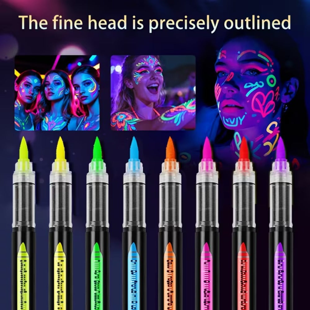 Neon Body Face Paint Pens Set of 8 – Glow-in-the-Dark UV Reactive Markers for Temporary Tattoos, Party Makeup, Mardi Gras, Music Festivals, Masquerade & Halloween