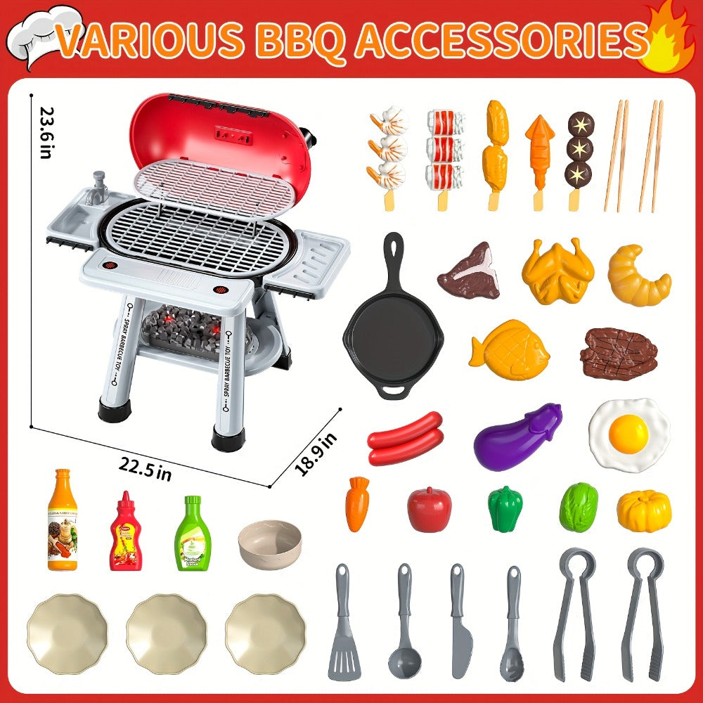Kids BBQ Grill Playset Two-Tier with Toy Food Meats Fruits Spices & Working Water Tap – Pretend Play Outdoor Cooking Toy for Girls Boys Ages 3+ | Best Birthday Christmas Gift