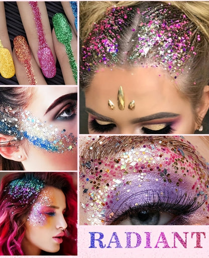 Face Body Glitter Gel Set 30 Pieces — Colorful Shapes Mermaid Sequin Stars Hearts, Transparent Gel Base, Skin-Safe Shimmer Makeup for Festivals, Raves, Halloween, Cosplay & Parties