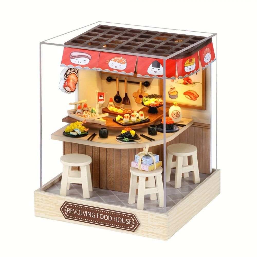 DIY Wooden Tiny House Kit with Dust Cover – Handmade Miniature Dollhouse Puzzle, 3 Themes Afternoon Tea Rotating Food House Moon Magic, Creative Home Decor Gift for Adults & Teens Birthday Christmas