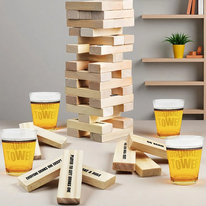 Drinking Game Tower Set 60 Wooden Challenge Blocks with 4 Glass Cups – Adult Party Game for Game Night Camping Bar Bachelorette, Funny Halloween Christmas Birthday Gift for Adults