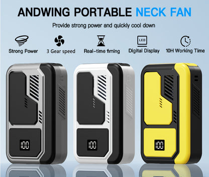 Neck Fan Portable Wearable, 3000mAh Battery Hands-Free Personal Fan 3 Wind Speeds Digital Display, USB Rechargeable Bladeless Neck Fan for Outdoor Camping Fishing Hiking Travel Sports, Silver Yellow White