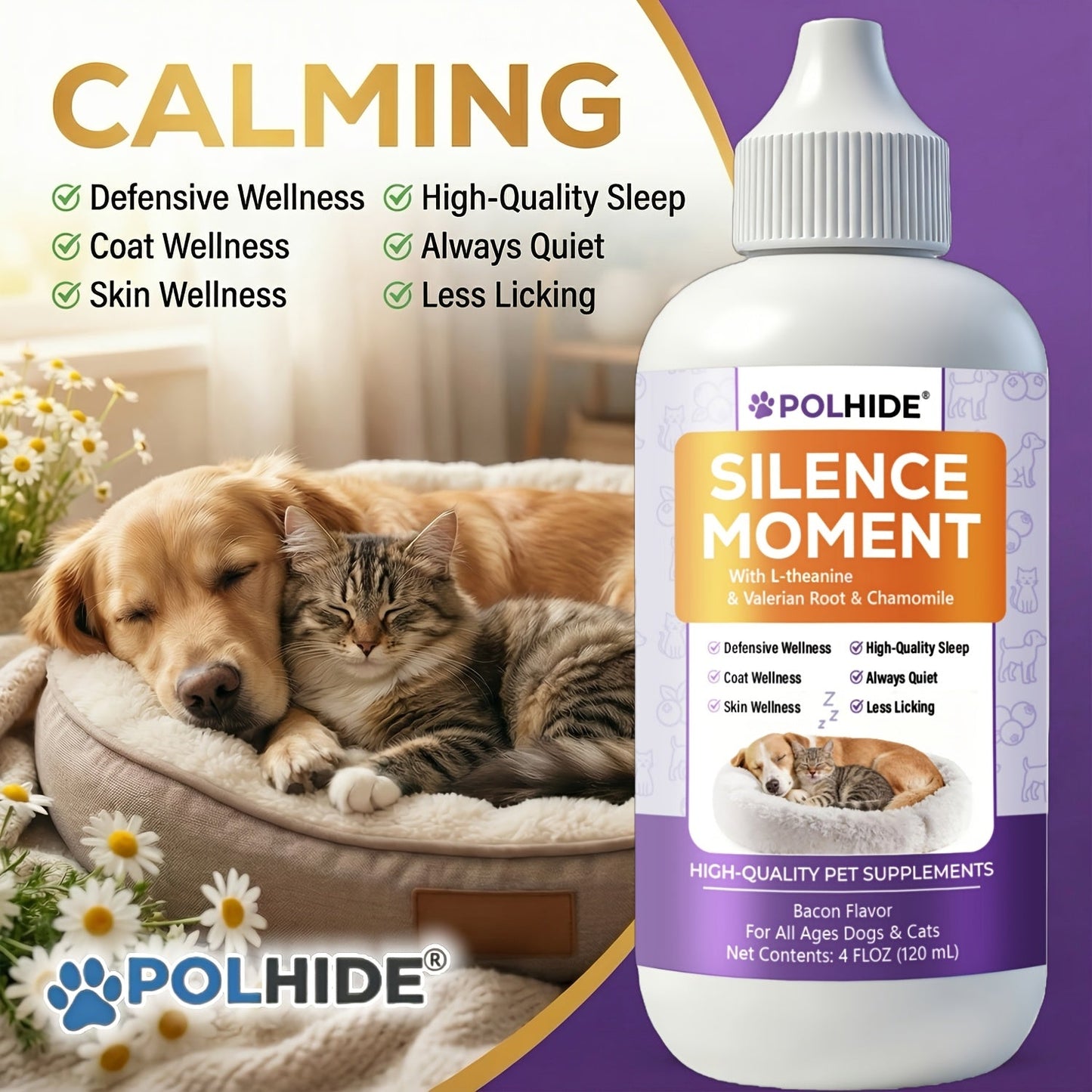 Pet Calming Liquid Supplement for Dogs & Cats 4oz – L-Theanine & Herbal Formula, Reduces Anxiety from Thunderstorms & Fireworks, Supports Sleep, Coat & Skin Health, Bacon Flavor, All Ages