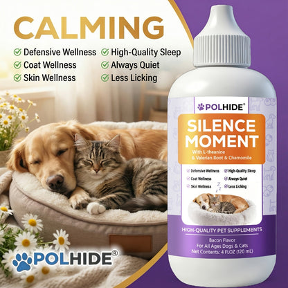 Pet Calming Liquid Supplement for Dogs & Cats 4oz – L-Theanine & Herbal Formula, Reduces Anxiety from Thunderstorms & Fireworks, Supports Sleep, Coat & Skin Health, Bacon Flavor, All Ages