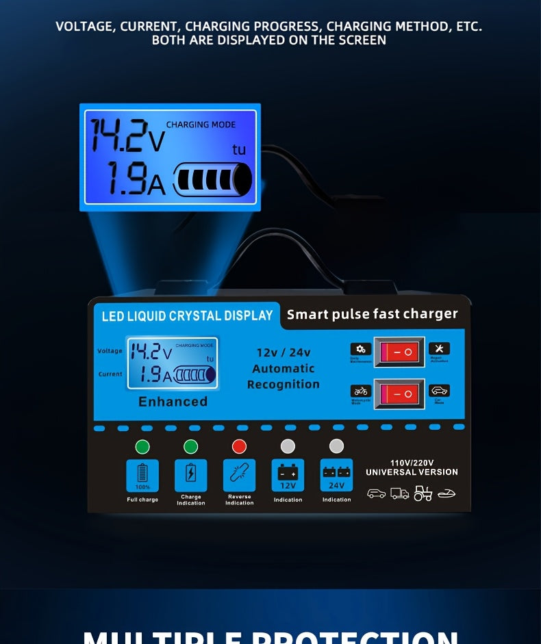 12V And 24V Intelligent Universal Battery Charger Inverter, with LCD Display Intelligent Maintenance Overcharge And Short Circuit Protection, Suitable for Intelligent Trickle Charging Maintenance of Various Cars, Yachts, And Batteries