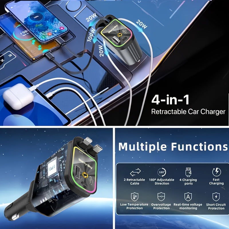 Star Projection Night Light Charger, LED Decorative Romantic Roof Ceiling Light, 4-In-1 Fast Charging USB Car Adapter, 66W with 2.6Ft Retractable Cable, Adjustable Orientation And 2 USB Ports, Perfect for Apple And for Android Phone Holiday Gifts