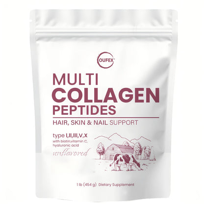 Multi-Collagen Powder Type I II III V X with Hyaluronic Acid, Biotin & Vitamin C - Hydrolyzed Protein for Skin, Hair & Nails - Unflavored 40+ Servings