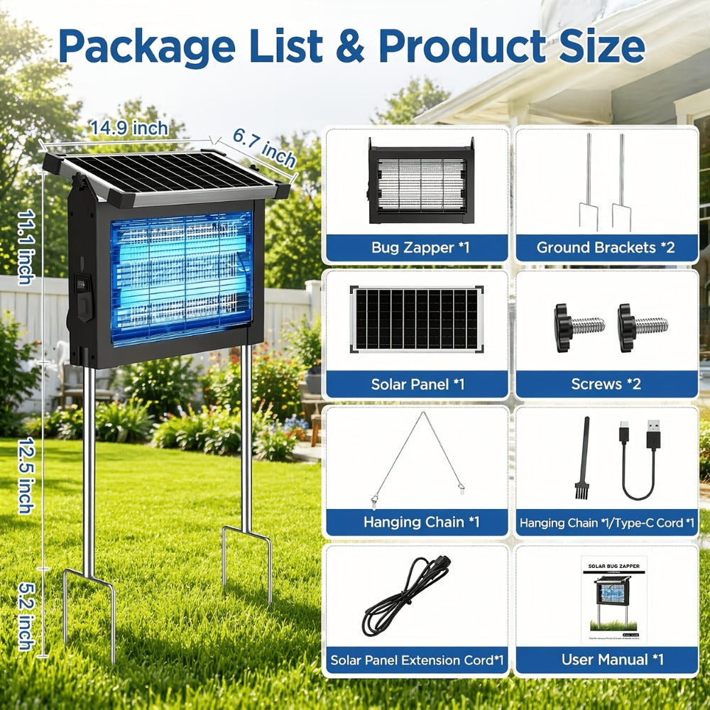 Solar Bug Zapper Outdoor 4200V – Solar Powered Mosquito Killer with Auto/Manual Dual Mode, 2100 Sq.Ft Coverage, 12H Runtime, 3-Way Charging, 10FT Cord, Safe for Family & Pets, for Patio, Garden & Camping