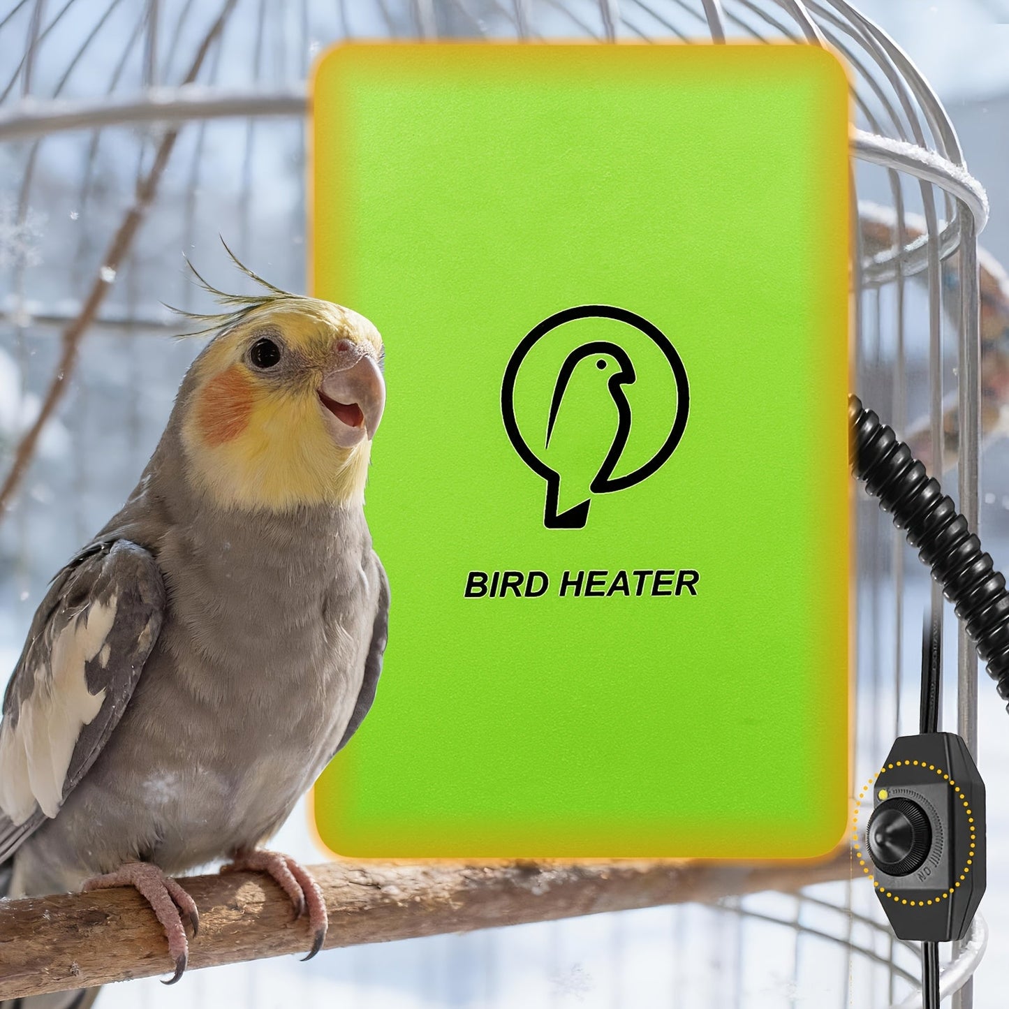 Bird Cage Heater 10W with Rotary Switch & Power LED Indicator – Heating Pad for Parrots, Parakeets, African Grey & Exotic Pet Birds, Anti-Bite Rope, 3.7×5.7 Inches