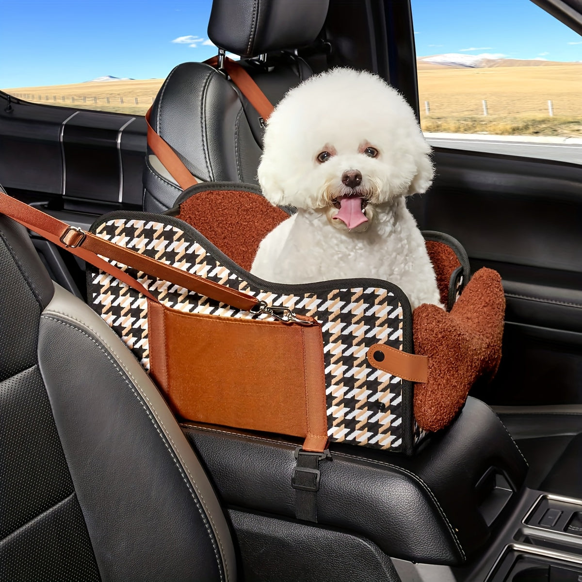 Comfortable Central Console Dog Car Seat, Portable Cozy Booster Car Seat, Deluxe Pet Car Seat for Dogs & Cats with Safety Harness, Breathable Mesh & Soft Padding - for Safe & Comfortable Trave